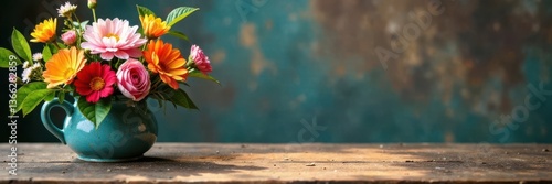Whimsical floral arrangement on a wooden desk, elegance, foliage