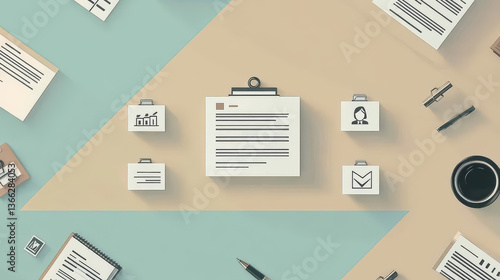 Modern resume on a blue desk surrounded by office supplies, laptop, pens, camera, and glasses, ideal for job search or CV design.
