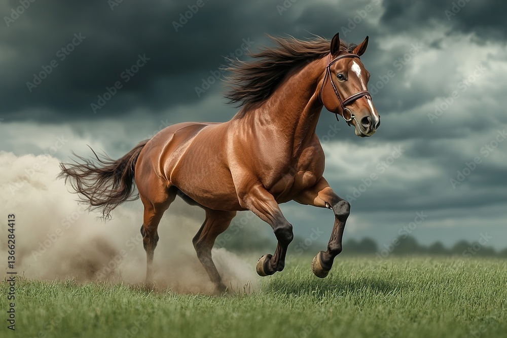 A majestic horse galloping swiftly across a grassy field under a dramatic sky A majestic horse galloping swiftly across a grassy field under a dramatic sky