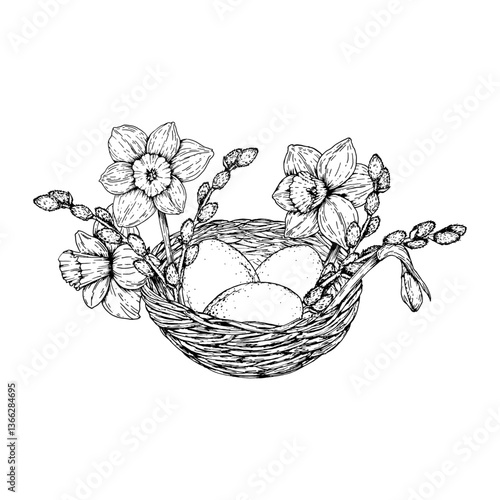 Vector illustration of an Easter nest with eggs, daffodils, and pussy willow branches. Monochrome hand drawn ink sketch in line art style. Perfect for Easter, 8 March, and spring greeting cards.