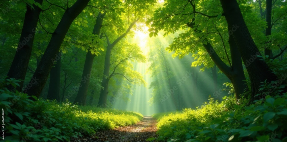 Fototapeta premium Forest canopy with sunlight filtering through leaves, nature sounds, forest floor, nature