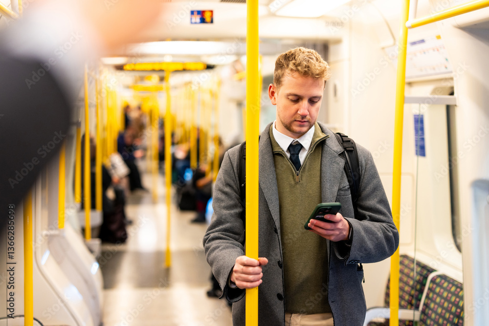 Businessman using smartphone while standing on subway train