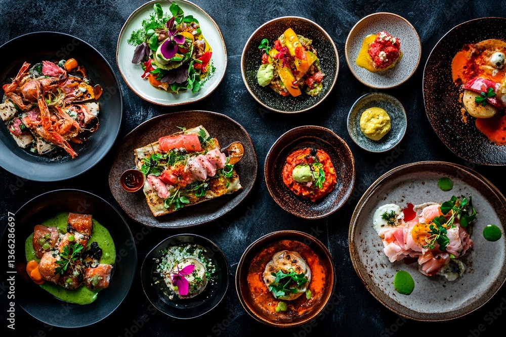 A collection of gourmet dishes displayed on dark plates showcases vibrant colors and meticulous presentation A collection of gourmet dishes displayed on dark plates showcases vibrant colors and meticulous presentation