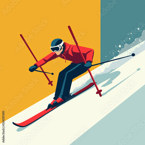 Skiing skier performing action on colorful slope  