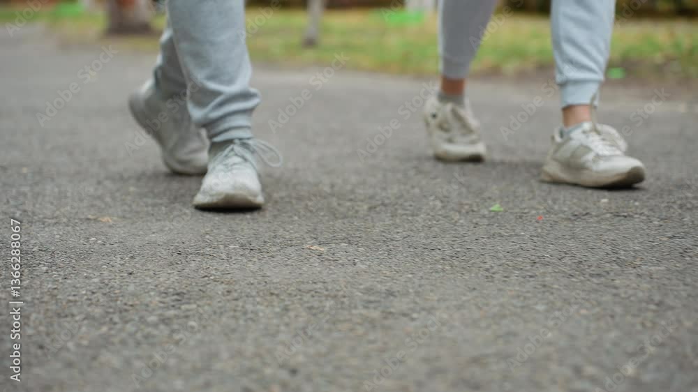 Lower angle view of two people walking side by side in grey joggers and sneakers on paved road with visible motion, relaxed stride, and outdoor setting surrounded by greenery and blurred elements Lower angle view of two people walking side by side in grey joggers and sneakers on paved road with visible motion, relaxed stride, and outdoor setting surrounded by greenery and blurred elements
