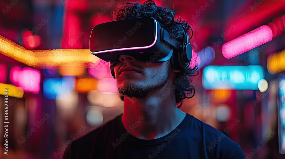 Man Wearing Virtual Reality Headset in a Neon Lit Environment Man Wearing Virtual Reality Headset in a Neon Lit Environment