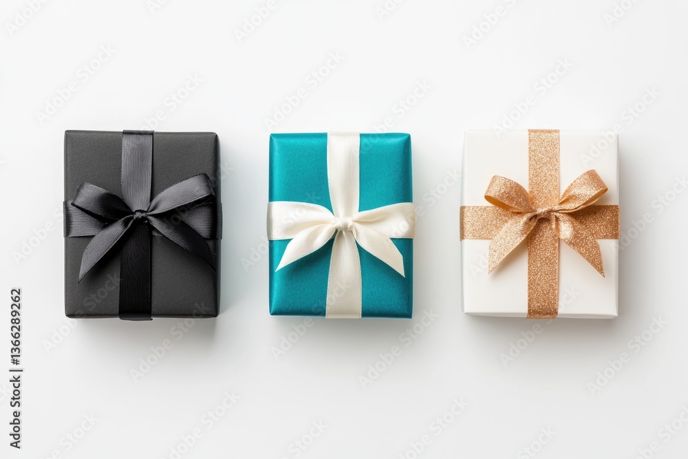 Three elegantly wrapped gifts in black, teal, and white with matching bows. Three elegantly wrapped gifts in black, teal, and white with matching bows.