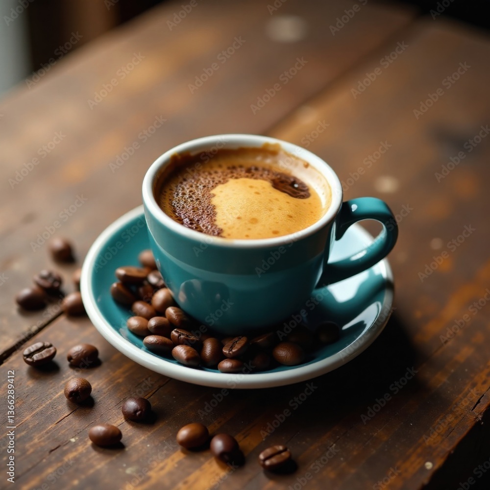 Espresso cup placed on old wooden table with beans scattered around it , vintage, espresso, rustic Espresso cup placed on old wooden table with beans scattered around it , vintage, espresso, rustic