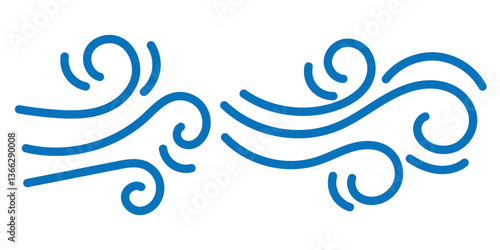 Wind blow line icon. Hand drawn air wave icon. Outline wind movement symbol isolated on white background.  Windy icon. Hand drawn doodle wind air blow, swirl elements.