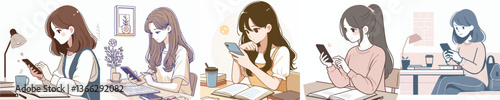 young woman playing smartphone while studying
