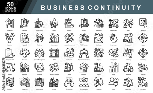 Business Continuity icon collection set. Containing Advantage,Planning,Government,Quality,Standard,Accept,Reputation,Supply Chain,Issue,Adjusting,Capability icon. Simple line vector illustration.