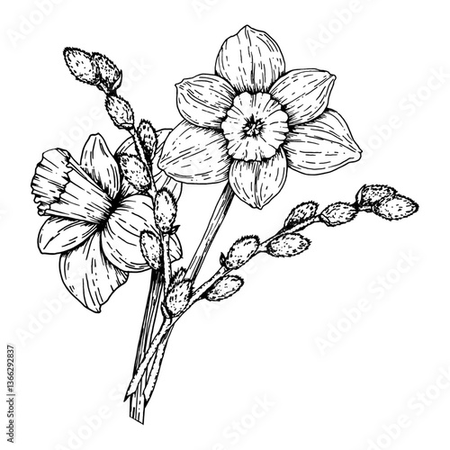 Vector illustration of a spring bouquet with daffodils and pussy willow branches. Hand drawn black and white ink line art. Perfect for Easter, 8 March, greeting cards, and seasonal decor.