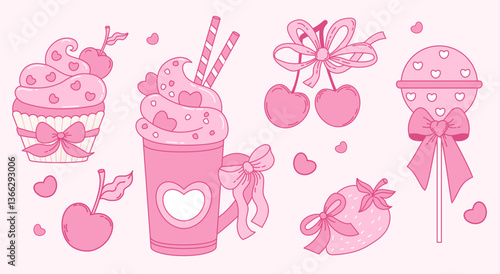 Vintage coquette aesthetic pink sweets and desserts with ribbon bow set. Romantic girly vibe. Vector illustration. Isolated Trendy elements food and berries perfect for design and decoration