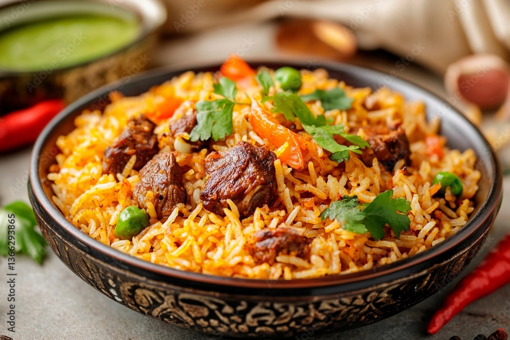 A vibrant serving of biryani filled with tender meat, vegetables, and aromatic spices showcases a festive atmosphere. Fresh herbs and colorful ingredients add to the culinary delight A vibrant serving of biryani filled with tender meat, vegetables, and aromatic spices showcases a festive atmosphere. Fresh herbs and colorful ingredients add to the culinary delight