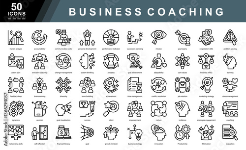 Business Coaching icon collection set. Containing market analysis,accountability,communication,succession planning,mission,negotiation skills,problem solving icon. Simple line vector illustration.