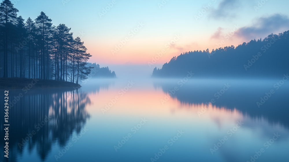 Fototapeta premium Serene lake at dawn reflecting trees and misty landscape