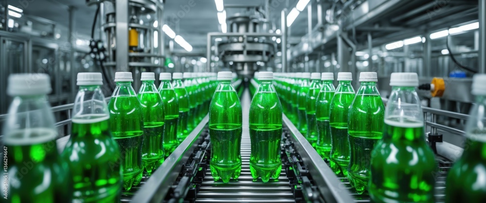 Fototapeta premium modern industrial production line with green bottles on conveyor belt