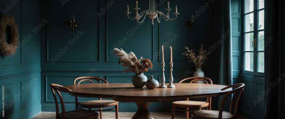 Obraz premium elegant dining room with floral decor and chandelier