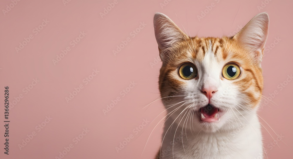 Fototapeta premium Cat Face Close up, Surprised, shocked cat face isolated on a pastel color background with copy space