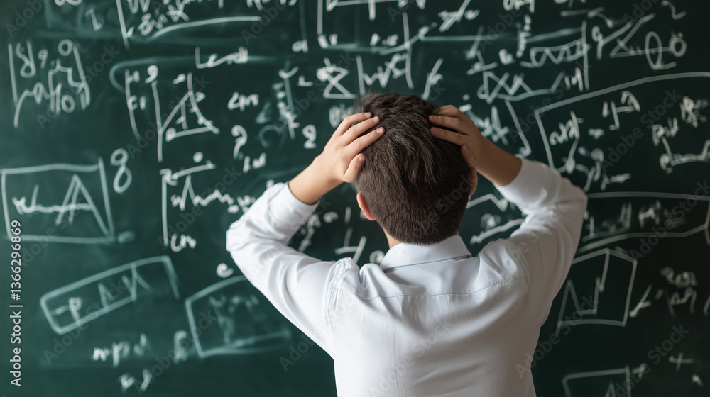 A child standing in front of a blackboard filled with complex math equations, looking overwhelmed or confused.