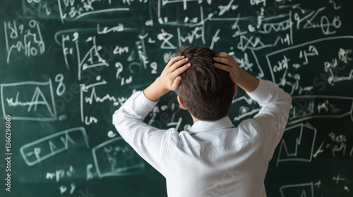 Obraz na płótnie A child standing in front of a blackboard filled with complex math equations, looking overwhelmed or confused. w salonie