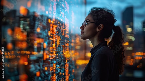 A woman gazes at a display of complex digital data