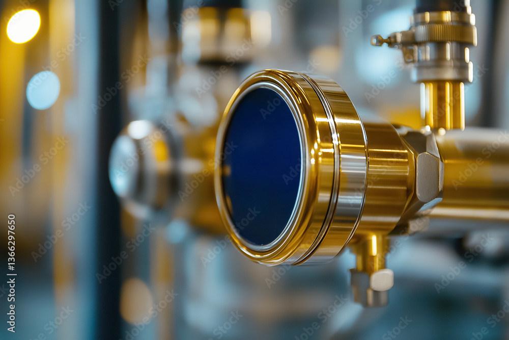 Close-up of shiny gold industrial valve showcasing intricate design and precision. Industrial setting with blurred machinery in background. Concept of manufacturing, engineering, industrial design Close-up of shiny gold industrial valve showcasing intricate design and precision. Industrial setting with blurred machinery in background. Concept of manufacturing, engineering, industrial design