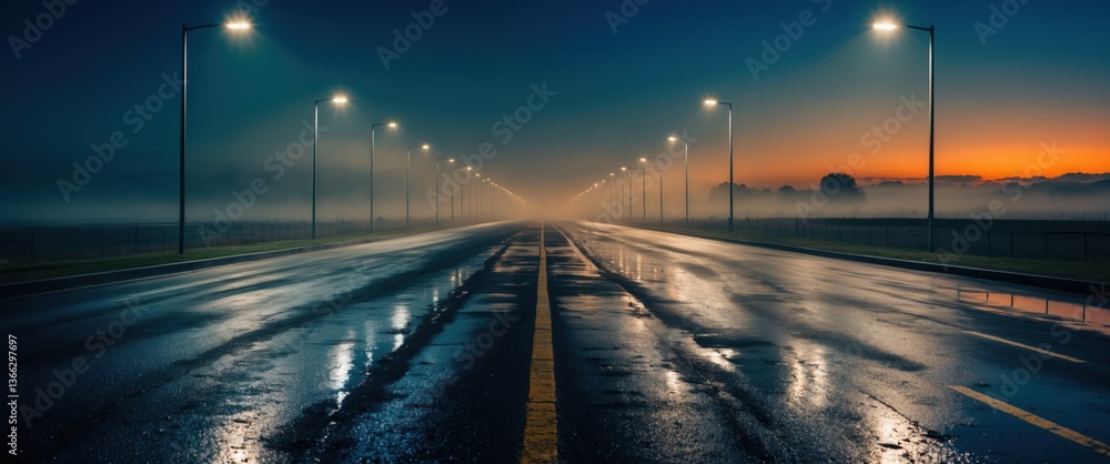 Obraz premium serene foggy night street view with glowing lights
