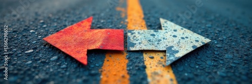 Two paper arrows intersecting at a fork in the road, options routes pathway divergence choice, fork, arrowheads