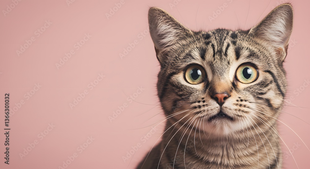 Obraz premium Cat Face Close up, Surprised, shocked cat face isolated on a pastel color background with copy space