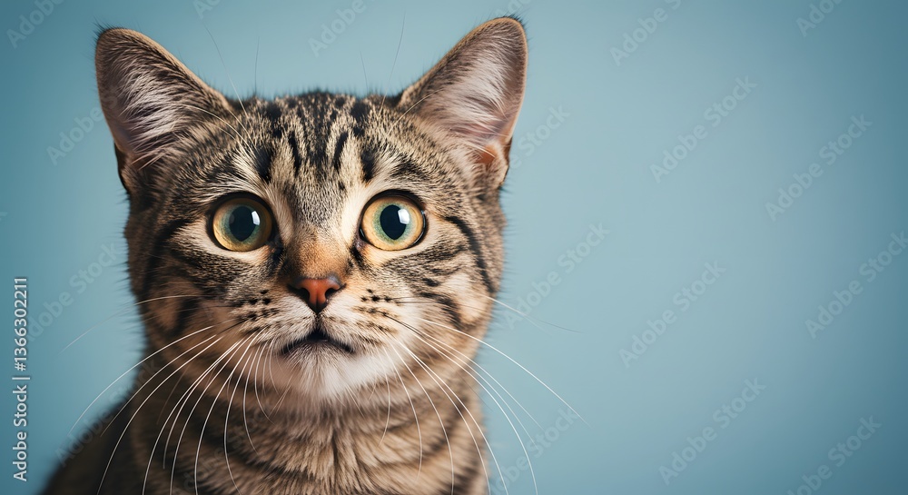 Obraz premium Cat Face Close up, Surprised, shocked cat face isolated on a pastel color background with copy space