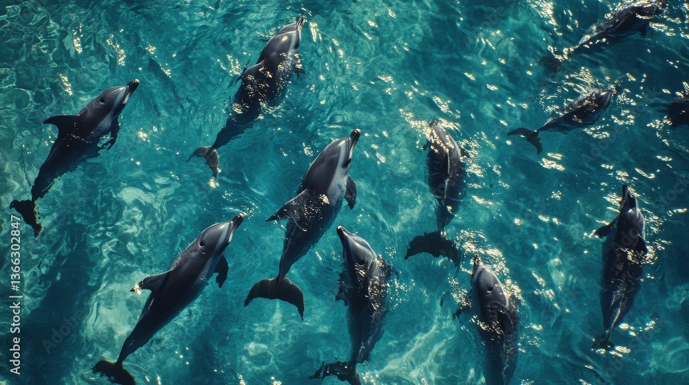 A playful pod of dolphins gracefully glides through the vibrant turquoise ocean, their sleek bodies cutting through the sunlit water with effortless elegance. A playful pod of dolphins gracefully glides through the vibrant turquoise ocean, their sleek bodies cutting through the sunlit water with effortless elegance.