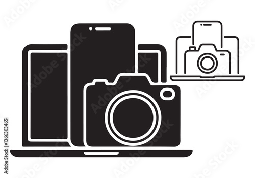 Black silhouette of camera, smartphone, and laptop, photography and technology icons