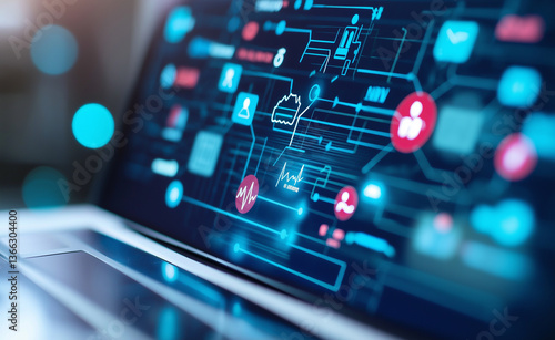 Wallpaper Mural Close-up of a laptop screen displaying a digital interface with interconnected icons and data, symbolizing technology and network systems.
 Torontodigital.ca