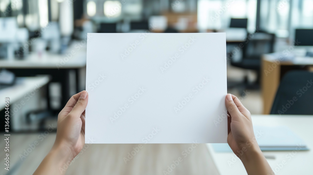 A person holding a blank sheet of paper in an office setting, ready for use or presentation. A person holding a blank sheet of paper in an office setting, ready for use or presentation.