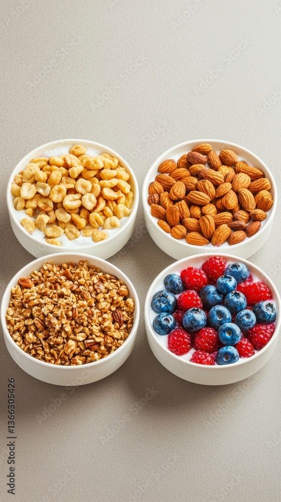 Beautiful artistic display of a variety of nuts and berries arranged together in a bowl for a healthy snack Beautiful artistic display of a variety of nuts and berries arranged together in a bowl for a healthy snack