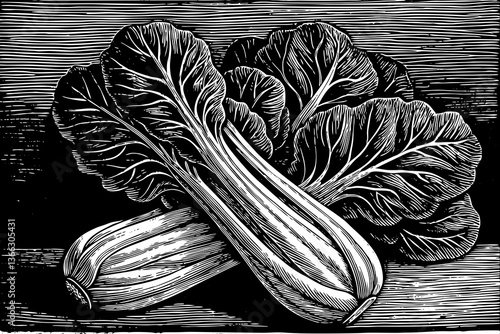 Bok choy vegetable sketch hand drawn black and white outline illustration