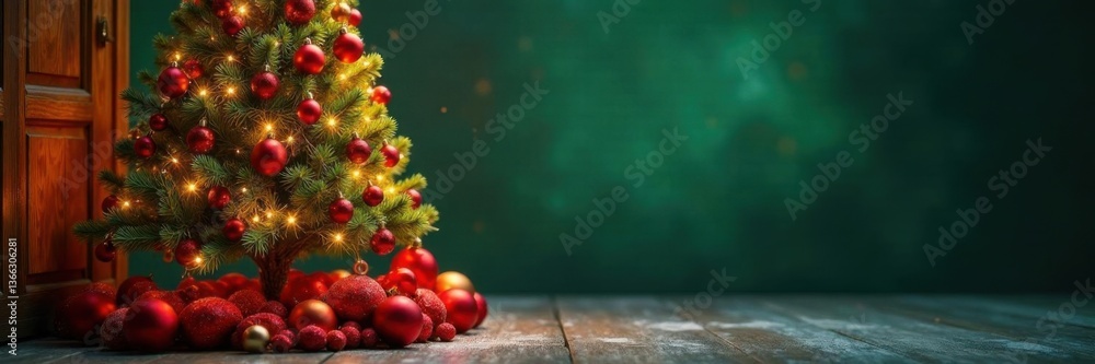 Obraz premium Red and green festive decorations surrounding a beautifully decorated Christmas tree, Christmas Tree, Decorations