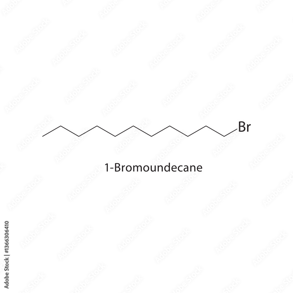 1-Bromoundecane skeletal structure. Alkyl Bromide compound schematic illustration. Simple diagram, chemical formula. 1-Bromoundecane skeletal structure. Alkyl Bromide compound schematic illustration. Simple diagram, chemical formula.