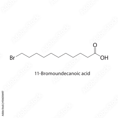 11-Bromoundecanoic acid skeletal structure. Halogenated Carboxylic Acid compound schematic illustration. Simple diagram, chemical formula.