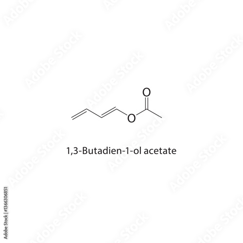 1,3-Butadien-1-ol acetate skeletal structure. Diene Ester compound schematic illustration. Simple diagram, chemical formula.