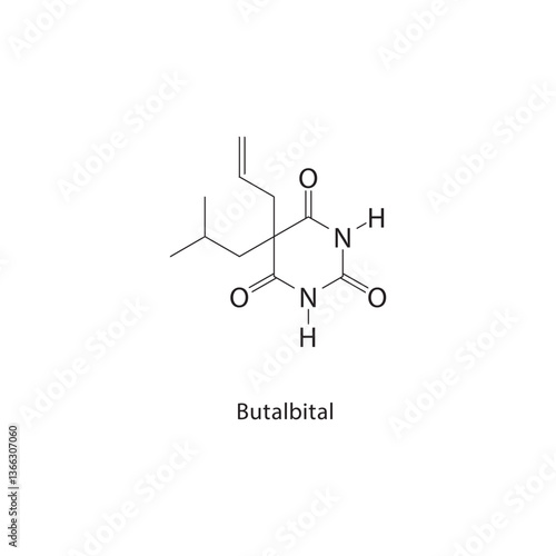 Butalbital skeletal structure. Barbiturate compound schematic illustration. Simple diagram, chemical formula.