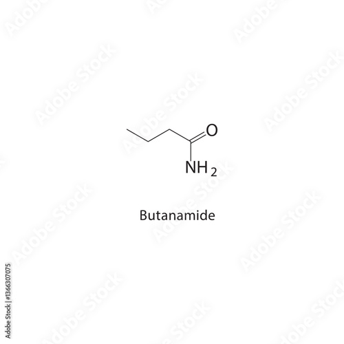 Butanamide skeletal structure. Amide compound schematic illustration. Simple diagram, chemical formula.