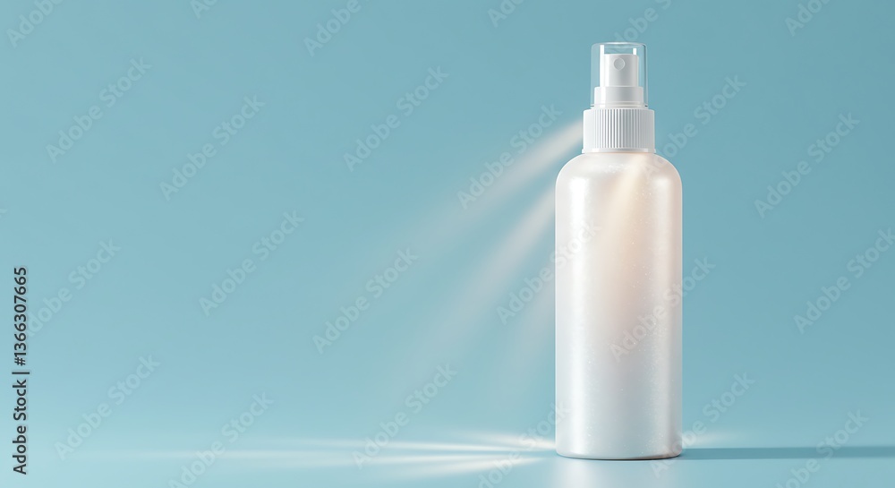 Spraying White Bottle on Blue Background for Healthcare or Beauty Product Spraying White Bottle on Blue Background for Healthcare or Beauty Product