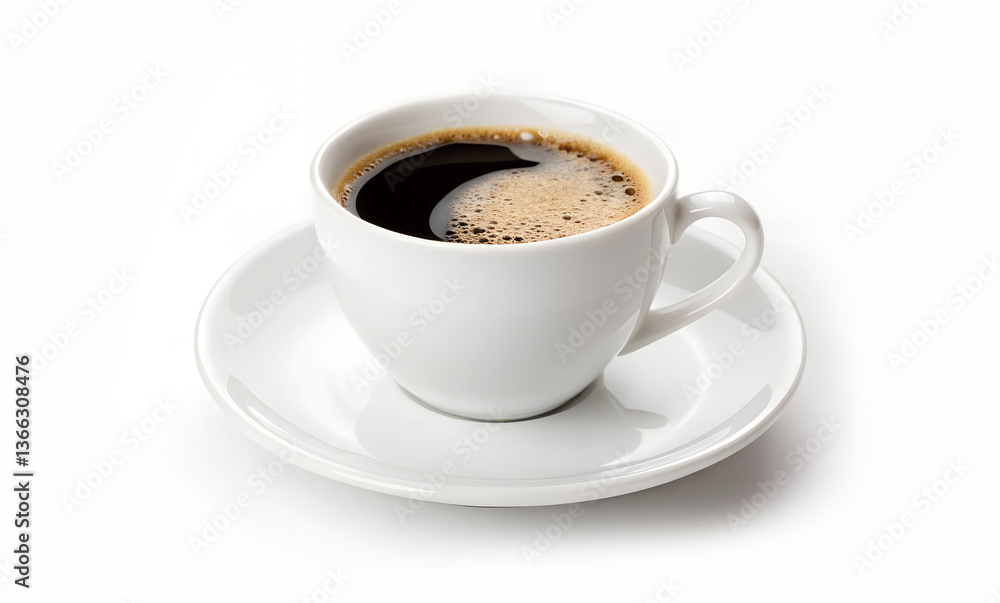 Freshly Brewed Black Coffee in White Cup - Hot Beverage on Saucer Freshly Brewed Black Coffee in White Cup - Hot Beverage on Saucer