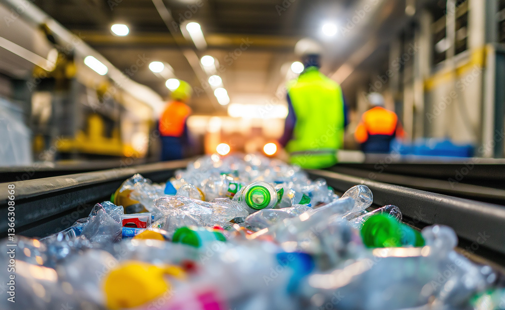 Workers in safety gear are sorting plastic bottles on a conveyor belt in a recycling facility. Workers in safety gear are sorting plastic bottles on a conveyor belt in a recycling facility.