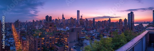 Twilight Highline Vista: Illuminated Skyscrapers and City Lights Over Chelsea, Manhattan in Summer Gloaming
