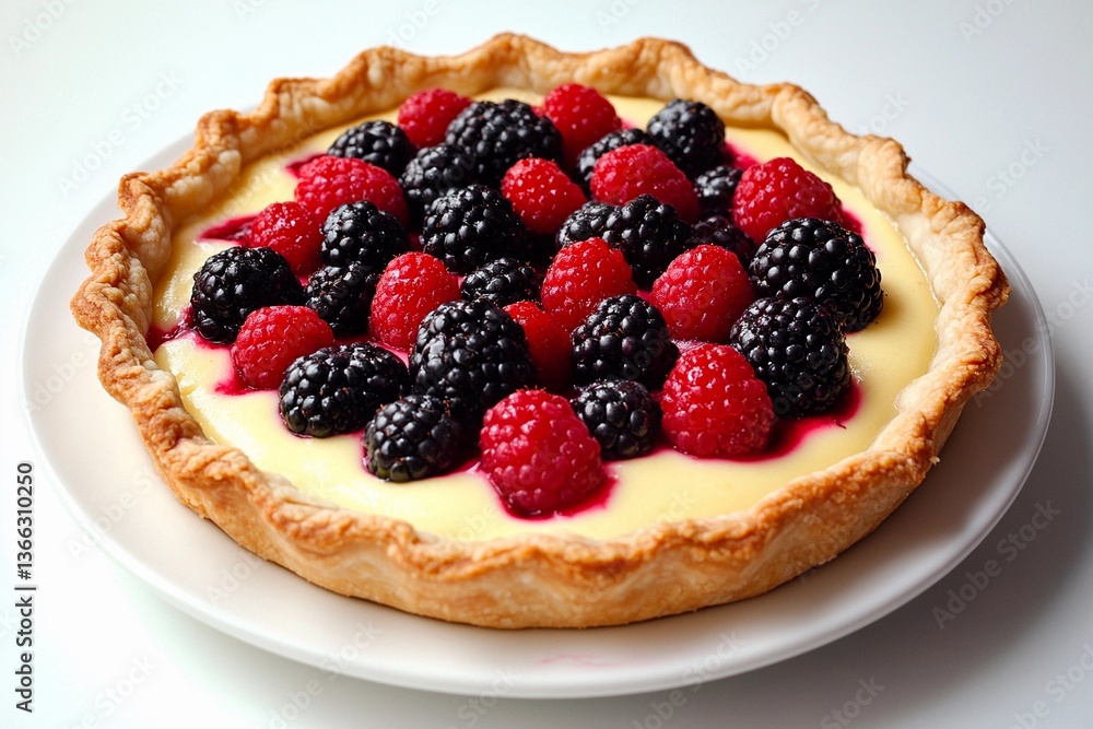 A delicious berry tart features a buttery crust filled with smooth cream and topped with an assortment of fresh blackberries and raspberries. The vibrant colors create an appealing dessert A delicious berry tart features a buttery crust filled with smooth cream and topped with an assortment of fresh blackberries and raspberries. The vibrant colors create an appealing dessert