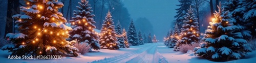 Winter wonderland scene with snow-covered trees, twinkling lights and festive garlands, seasonal decor , twinkling lights