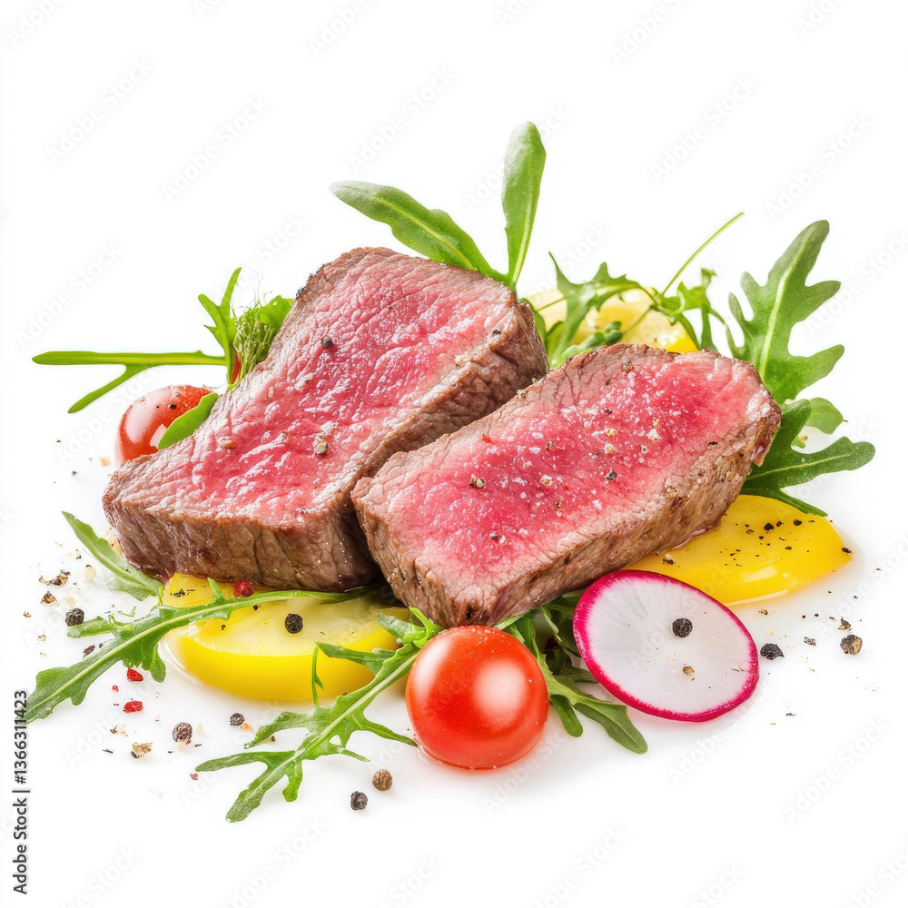 Sliced rare beef steak served with fresh greens, cherry tomatoes, radish, and pepper seasoning
Sliced rare beef steak served with fresh greens, cherry tomatoes, radish, and pepper seasoning